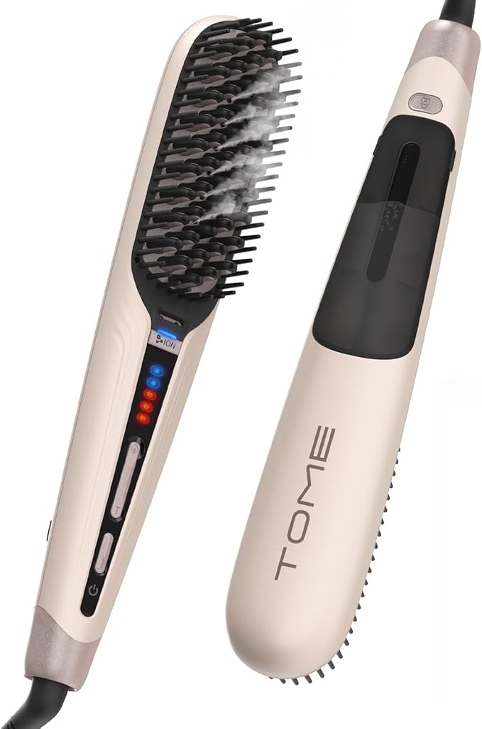 Tome Steam Hair Straightener Brush, 3-in-1 Ionic Straightening Comb with 2 Steam Levels, 3 Heat Settings (356°F–428°F), Dual Voltage 110-240V, Anti-Scald Design for Frizzy & Curly Hair Color Pink