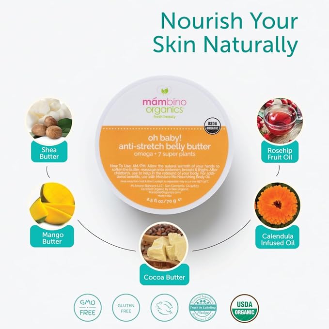 Mambino Organics Oh Baby! Belly Butter, Belly Cream with Shea Butter for Pregnancy, Minimizes Stretch Marks, Vegan, Cruelty-Free, Maternity Skin Care, 2.5 fl oz