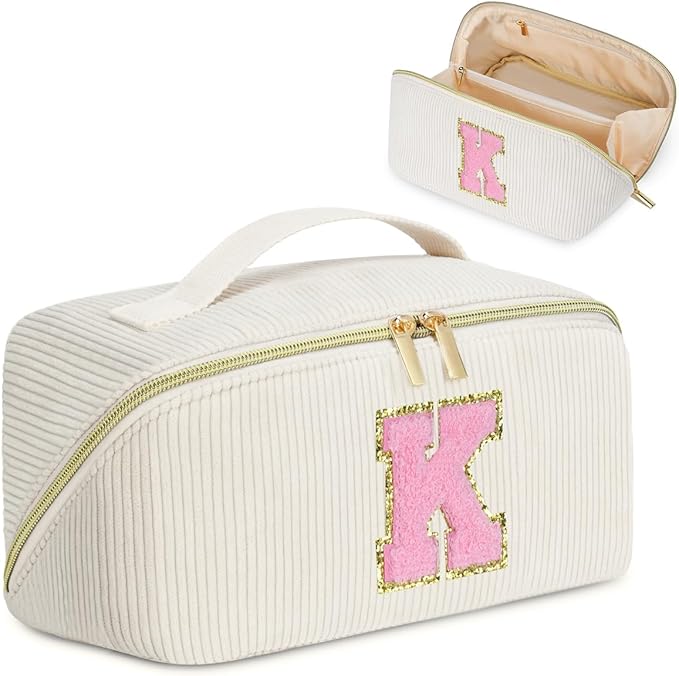 Personalized Initial Makeup Bag, Valentine's Day Gifts for Girls,Preppy Bag Cosmetic Travel Bag Women,Travel Toiletry Organizer,Large Capacity Corduroy Stuff Bag,Cute Cosmetic Pouch Skincare Bag