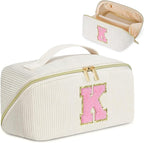 Personalized Initial Makeup Bag, Valentine's Day Gifts for Girls,Preppy Bag Cosmetic Travel Bag Women,Travel Toiletry Organizer,Large Capacity Corduroy Stuff Bag,Cute Cosmetic Pouch Skincare Bag