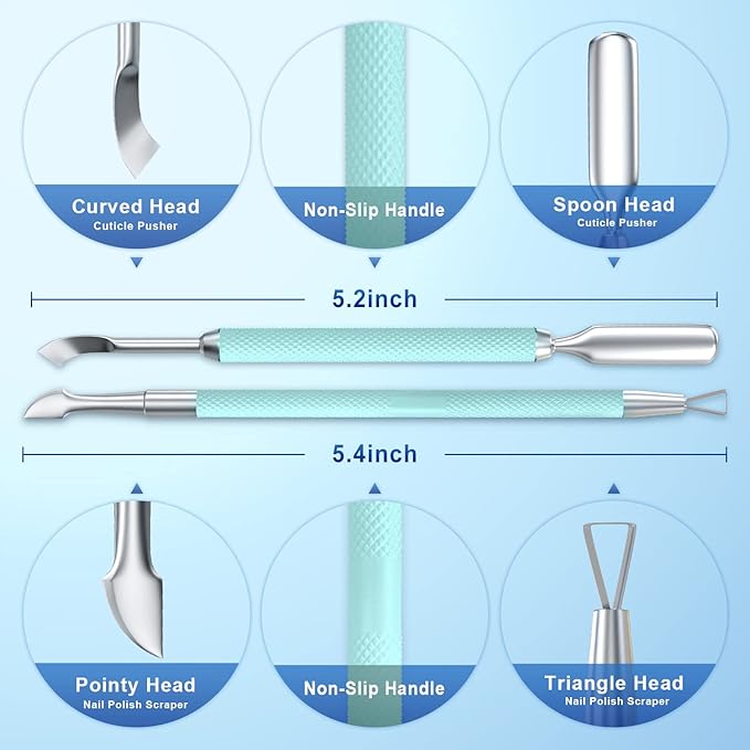 2PCS Metal Teal Cyan Cuticle Pusher and Cutter Remover Salon Stainless Steel Gel Nail Polish Peeler Scraper Durable Professional Manicure Pedicure Cleaner Tool For Fingernail and Toenail