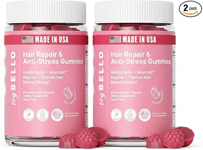 Trybello Anti-Stress & Hair Growth Gummies for Women | Sugar-Free, Vegan Hair Supplements | Gluten-Free, Soy-Free, Dairy-Free Gummy Vitamins for Thicker, Healthier Hair | 60 Servings | 2 Pack Combo