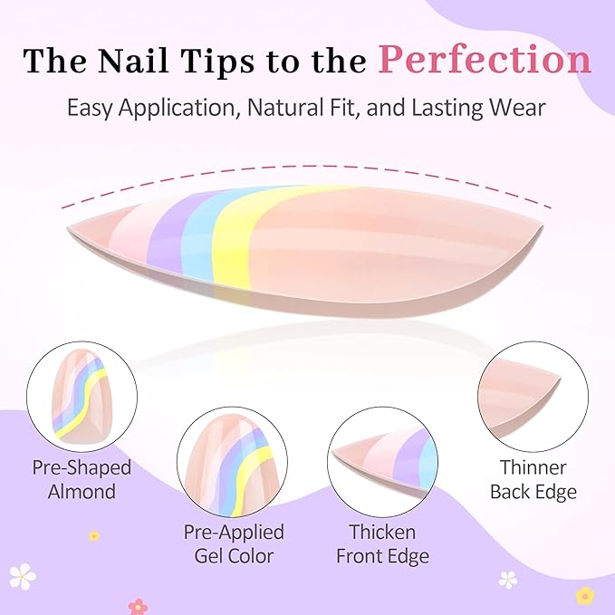16 Sizes Press on Nails Kit for Kids - 32 Pieces French Almond Fake Nail Tips for Girls 8-12 Years Old with Jelly Nail Adhesives & No-Lamp Nail Glue, Birthday Christmas Gifts (Rainbow Flower)