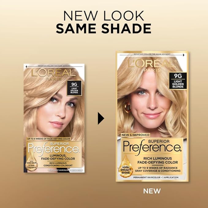 L'Oreal Paris Superior Preference Luminous Fade-Defying Permanent Hair Color, Hair Dye For Up to 9 Weeks of Radiance, Light Golden Blonde 9G, 1 Hair Dye Kit