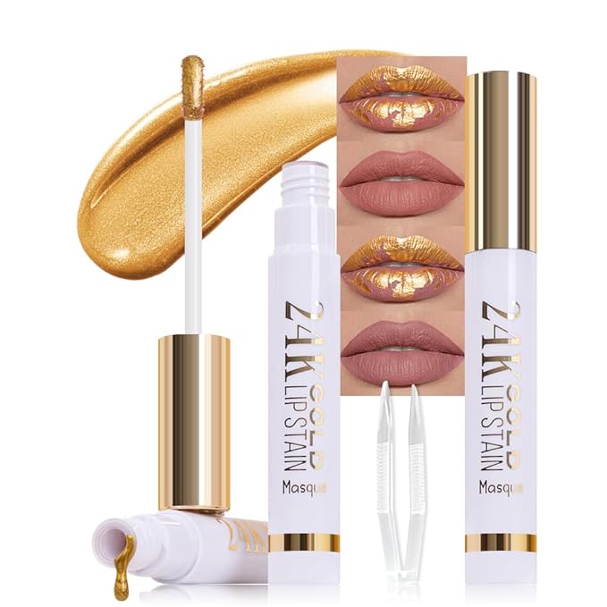 2Pcs 2025 New Gold Liquid Matte Lip Liner Stain Peel Off with Tweezer, Long Lasting, Waterproof Matte Lipstick Lip Gloss Tattoo for Women, Smudge-proof Non-Stick Cup Lip Tint Makeup 03#+04#