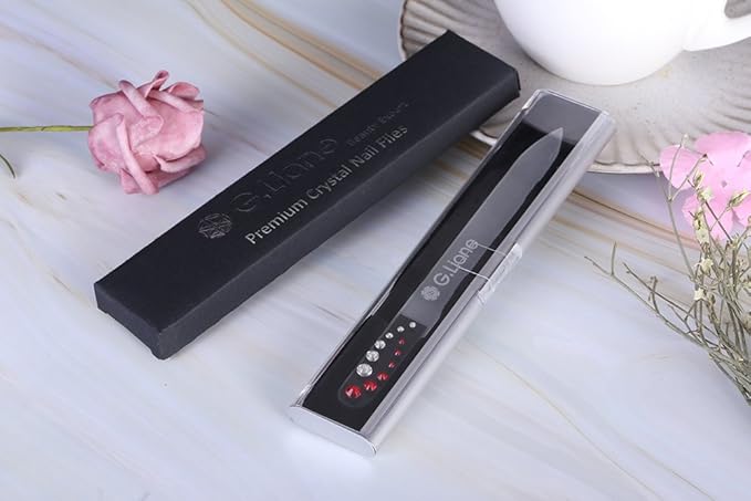 Glass Nail File with Austria Crystals Professional Crystal Fingernail Files in Aluminum Case Perfect Manicure Set for Women Men Kids Nail Care Gift Set (Red Yinyang)