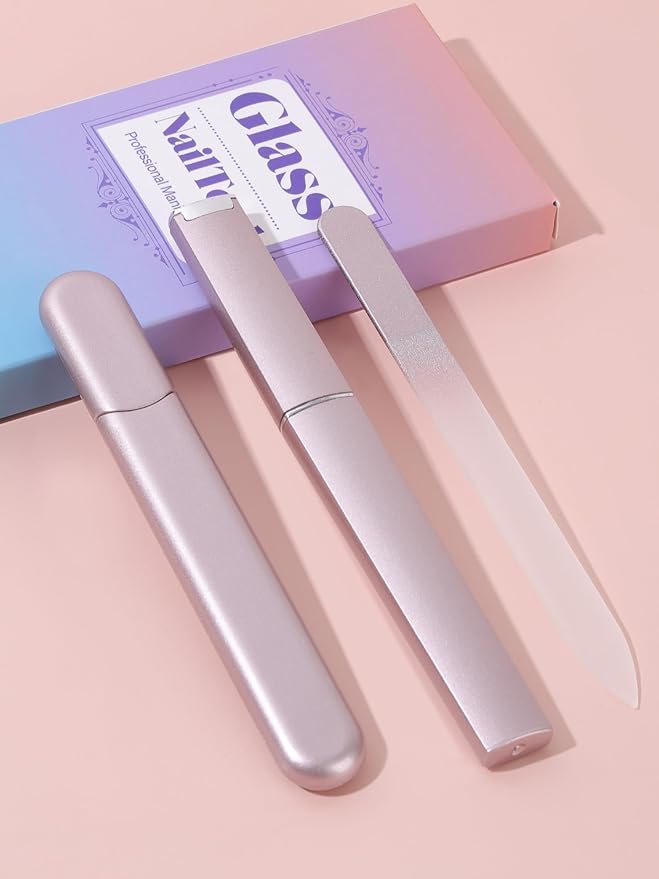 Glass Nail File and Buffer with Case, Crystal Fingernail Files for Natural Nails Nano Nail Shiner Polisher Care Kit for Travel Salon Stocking Stuffers for Women Girl Wife Gifts-Rose Gold