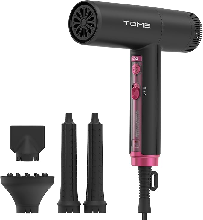 TOME Hair Dryer with Diffuser 1875W High Speed Blow Dryer Ionic 110000 RPM Cool Shot Lock 1 inch Air Curling Wands Nozzle Light Weight Hot Pink