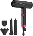 TOME Hair Dryer with Diffuser 1875W High Speed Blow Dryer Ionic 110000 RPM Cool Shot Lock 1 inch Air Curling Wands Nozzle Light Weight Hot Pink