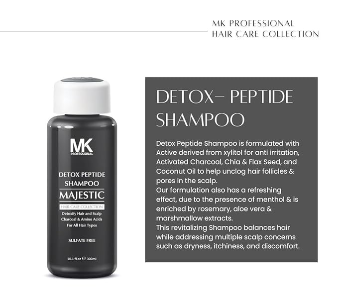 MK PROFESSIONAL Detox Deep Clean Clarifying Shampoo, Sulphate Free + Charcoal and Amino Acid Complex, Removed Product Buildup, Dirt & Oils, Nourishes & Soothes Scalp - 10.1 Fl Oz / 300 ml
