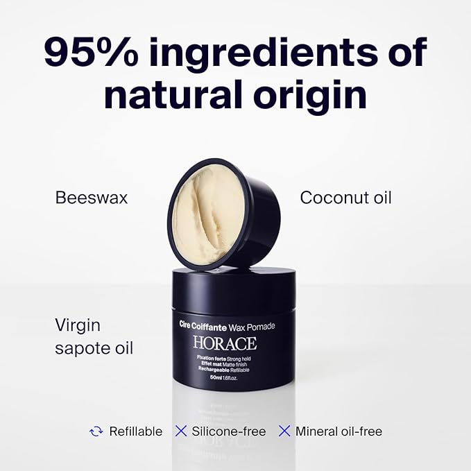 HORACE Hair Wax Pomade for Men – Strong & Long-Lasting Hold – Matte Finish – No Silicones or Mineral Oils – Woody Scent – Refillable, 50 ml