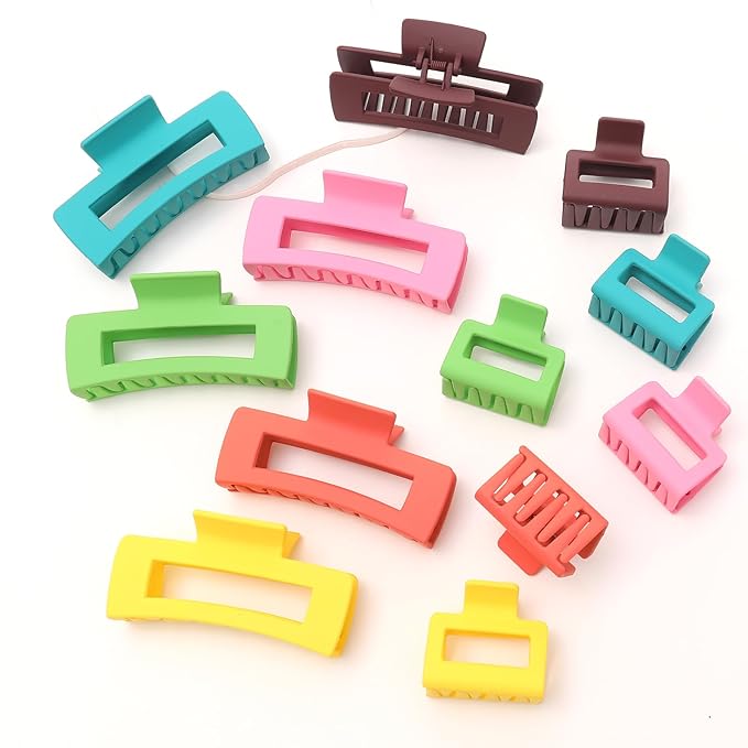 12Pack Colorful Trendy Square Hair Clips, Big and Small Neutral Rectangle Claw Clips, Non-slip Matte Large Hair Clips for Women, Hair Clasps Accessories Red Green Yellow