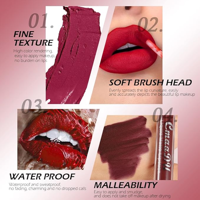 evpct 6Pcs Liquid Matte Lipstick Lipgloss Set for Women Dark Deep Bright Ruby Blood Brick Plum Mauve Rose Red labiales mate 24 horas originale matte larga duracion 24 Hour Lipstick Long Lasting