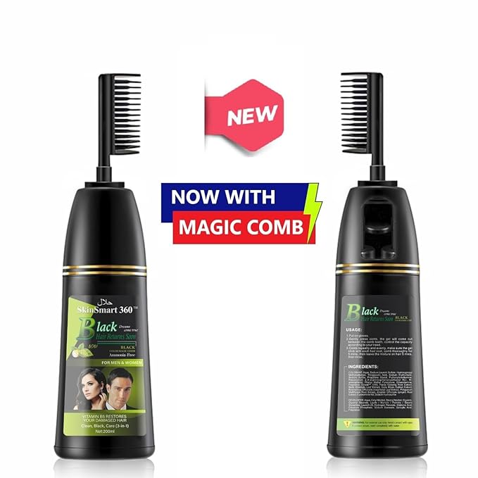 SkinSmart 360® No-Stain Hair Dye Shampoo – Full Gray Coverage for Men & Women, 3-in-1 Color + Cleanse + Condition, Natural Ingredients, Easy No-Mix Formula, 200 mL (Natural Black + Magic Comb)