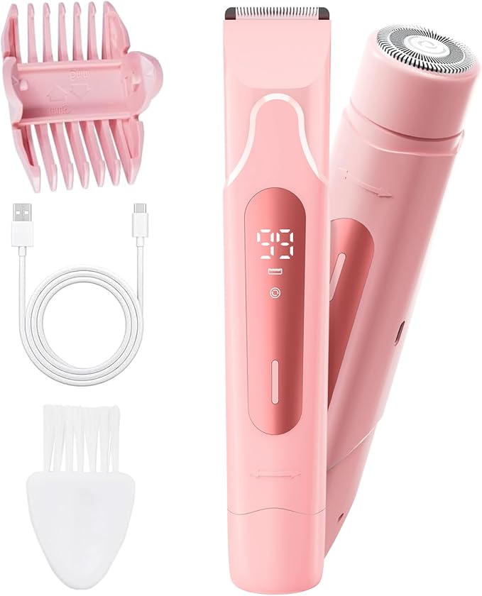 2026 Upgrade Bikini Trimmer for Women, 2 in 1 Electric Shaver with LED Display, IPX7 Waterproof Pubic Hair Trimmer, Rechageable Womens Electric Razor for Armpit Leg Body Facial (Pink)