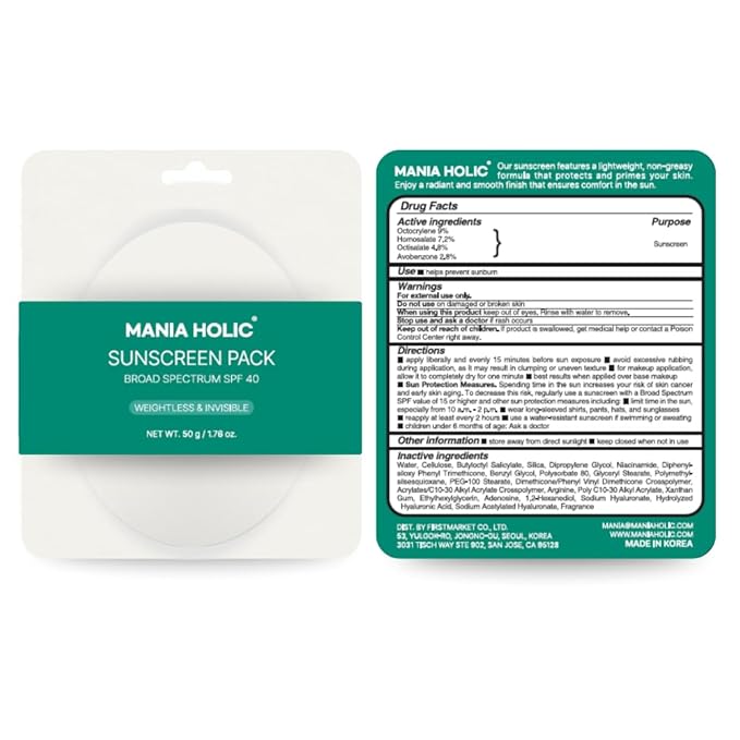 MANIA HOLIC Korean Sunscreen for Face SPF 40, No White Cast, Lightweight & Matte Finish, Makeup Primer, Non-Greasy Formula, Broad Spectrum UV Protection, Pore-Friendly, Korean Skincare,1.76 fl oz