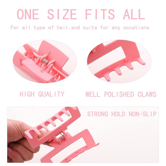 12 Pack Pink Square Claw Clips, Big and Small Neutral Rectangle Hair Claw Clips, Non-slip Matte Large Hair Clips for Women,Strong Hold jaw clip for Thick Thin Hair