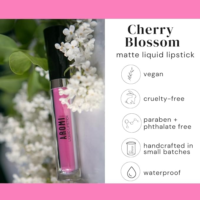 Aromi Matte Liquid Lipstick | Long-lasting, Smear and Smudge Proof, Waterproof, Paraben, Phthalate, & Gluten Free, Light Pink with Warm Undertones (Cherry Blossom)
