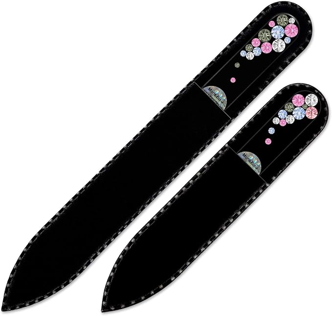 Mont Bleu Set of 2 Glass Nail Files Hand Decorated with Crystals - in Black Velvet Sleeve - Genuine Czech Tempered Glass - Gifts for her - Etched Glass Nail File for Nail Art & Nail Care