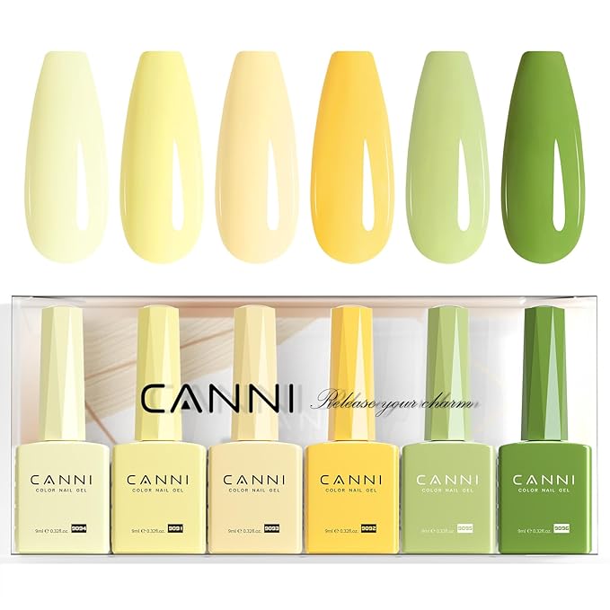 CANNI 6 Colors 9 ML Hema-Free Pastel Yellow Green Gel Nail Polish Set, Sage Forest Lime Green Pale Yellow Gel Polish Kit, Soak Off LED Nail Gel Manicure Kit DIY at Home Salon Gifts
