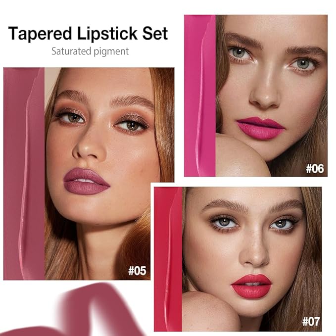 evpct 3Pcs Mauve Hot Pink Bright Red Gradient Matte Lipstick Lip Liner Combo Set for Older Women Long Lasting Waterproof, Lips Stick Crayon Cream Lip Liner Lipstick Combo Makeup, Flawless Ombre Effect