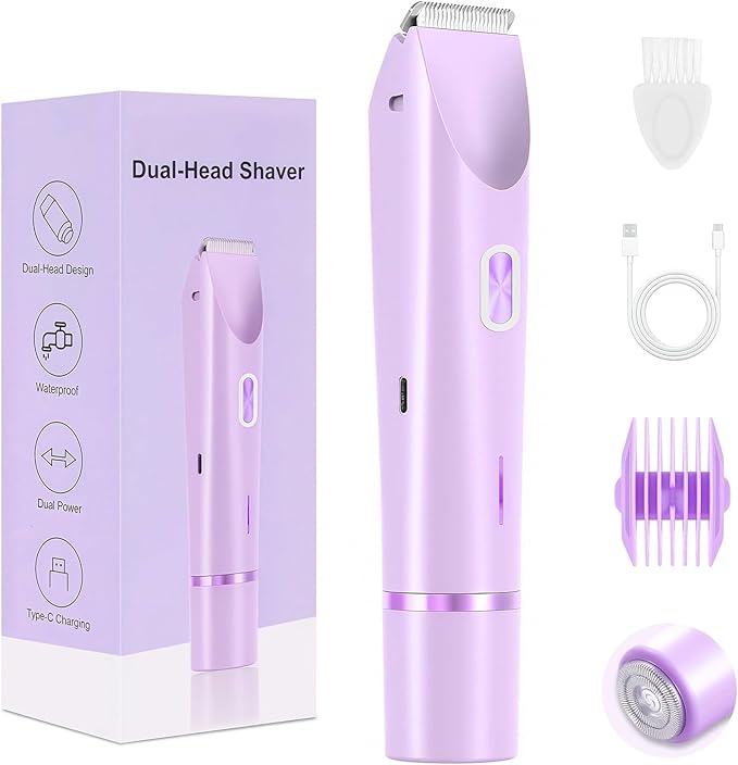 2025 New Bikini Trimmer for Women, 2 in 1 Dual Head Body Bikini Shaver, Ultra Low Silent, Painless & Cordless Hair Removal for Body , IPX7 Waterproof & Easy Cleaning for Shower & Travel (Purple)