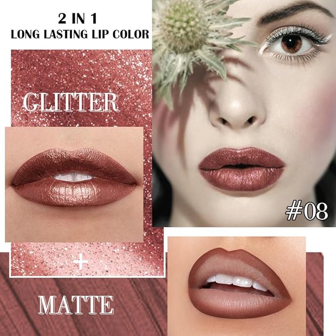 Kaely 2-in-1 Brown Metallic Lipstick and Lip Liner, Shimmer Liquid Metallic Lipsticks for Women, Glitter Lip Gloss Stain Long Lasting Waterproof Smudge Proof 24 Hour, Vegan Makeup, 08