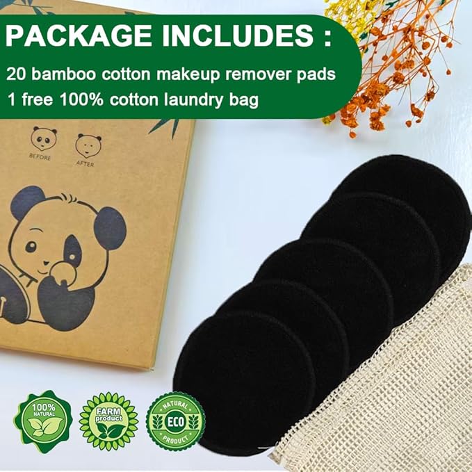 20 Pack Reusable Makeup Remover Pads with Laundry Bag, Environmentally Friendly and Suitable for All Skin Types, Washable Bamboo Cotton Rounds Black