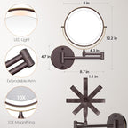 Rocollos Rechargeable Wall Mounted Lighted Makeup Mirror, 8 Inch Double-Sided LED Vanity Mirror 1X/10X Magnification,3 Color Lights Touch Screen Dimmable 360°Swivel 13 Inch Extendable