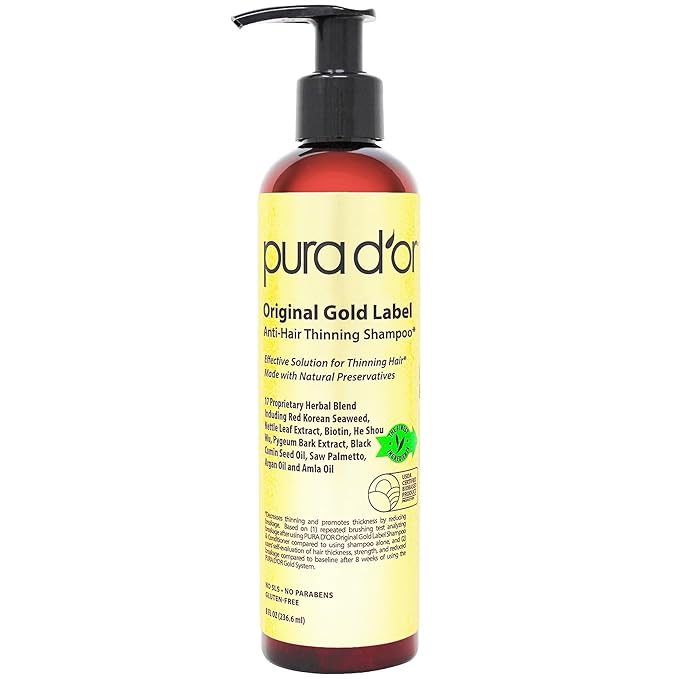 PURA D'OR 8 Oz Original Gold Label Anti-Thinning Biotin Shampoo Natural Earthy Scent, CLINICALLY TESTED Effective Results, Herbal Blend Hair Thickening Products, Women & Men, Color Treated Hair