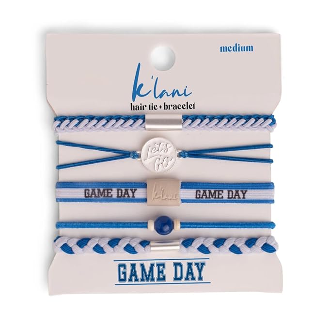 K'lani Game Day Hair Tie Bracelets – 5-Pack Stretchy No-Crease Hair Ties & Stylish Bracelets – Team Color Accessory for Hair or Wrist - Blue & White, Medium