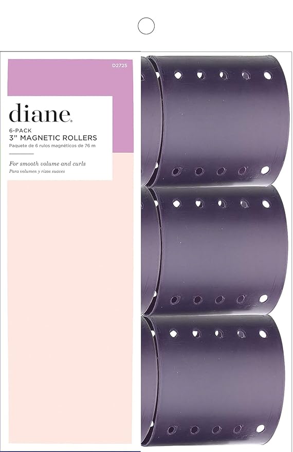 Diane 3-Inch Magnetic Hair Rollers, Secure Hold for Big Curls and Volume, Ideal for Styling with Pins, Picks, or Clips, Easy to Clean and Maintain, Purple, 6 Count