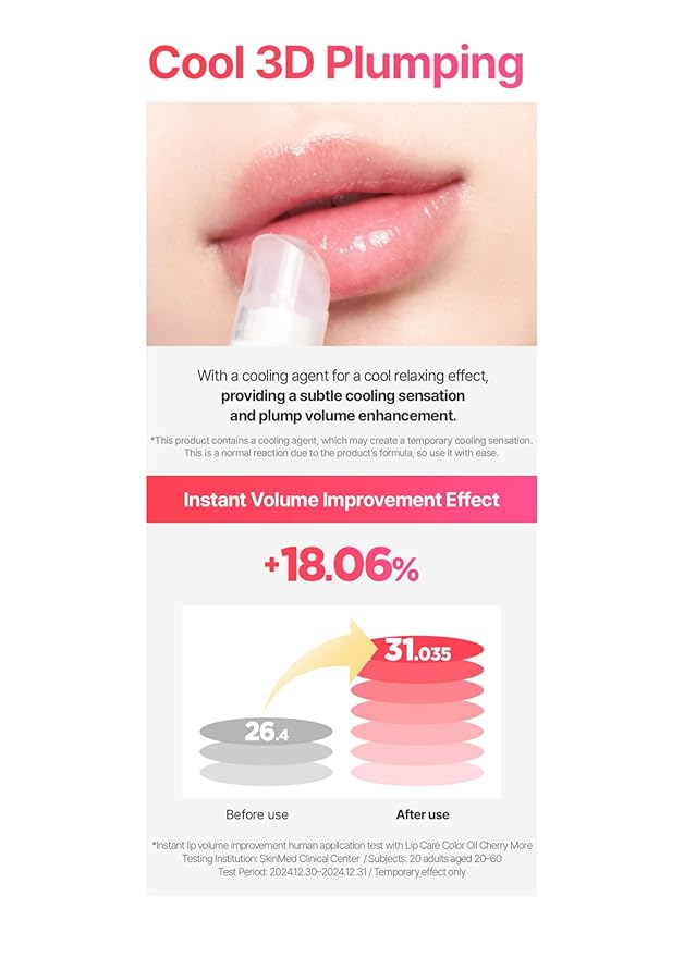 Lip Care Color Oil #Pure Coral 0.34 Fl Oz, Vegan Tinted Lip Oil with Jelly Massager for Dry Lips, Hydrating & Cooling Lip Treatment, Long-Lasting Glow & Volume, Korean Lip Oil, BeginS