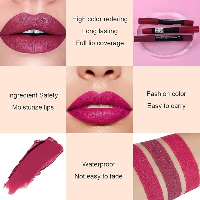 evpct 3Pcs Plum Purple Wine Red Matte Lip Sticks Crayon Lip Liner Lipstick Pencil Set for Women Long Lasting 24 Hour Waterproof Lip Liner and Lipstick Set labiales mate 24 horas originales 02&12&14