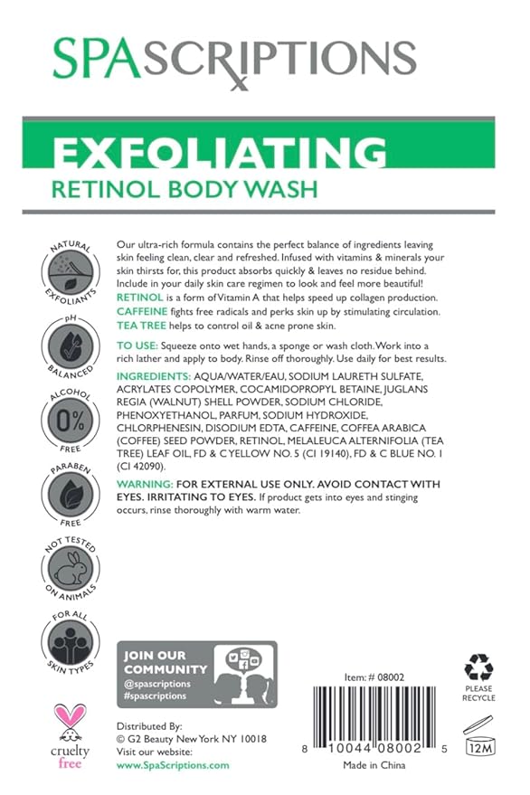 SpaScriptions Exfoliating Body Wash for Smooth Hydrated Skin, pH Balanced, Paraben Free, 33 oz (Retinol With Caffeine & Tea Tree)