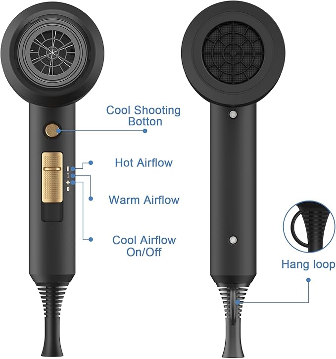 slopehill Professional Ionic Hair Dryer, Powerful 1800W Fast Drying Low Noise Blow Dryer with 2 Concentrator Nozzle 1 Diffuser Attachments for Home Salon Travel (Black)