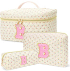 3 PCS Travel Makeup Bag Set, A–Z Initials Cotton Quilted Cosmetic Bag for Women & Preppy, Personalized Toiletry Bag Travel Accessories Makeup Brushes Organizer, Valentine’s Day & Birthday Gift for Her