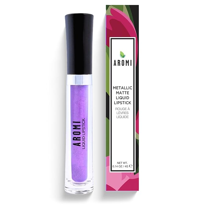 Aromi Purple Lilac Metallic Liquid Lipstick | Bright Lavender Lip Color with Shimmery Finish, Vegan and Cruelty-free, Long-Lasting, Smudge Proof, Handmade (Purple Unicorn)