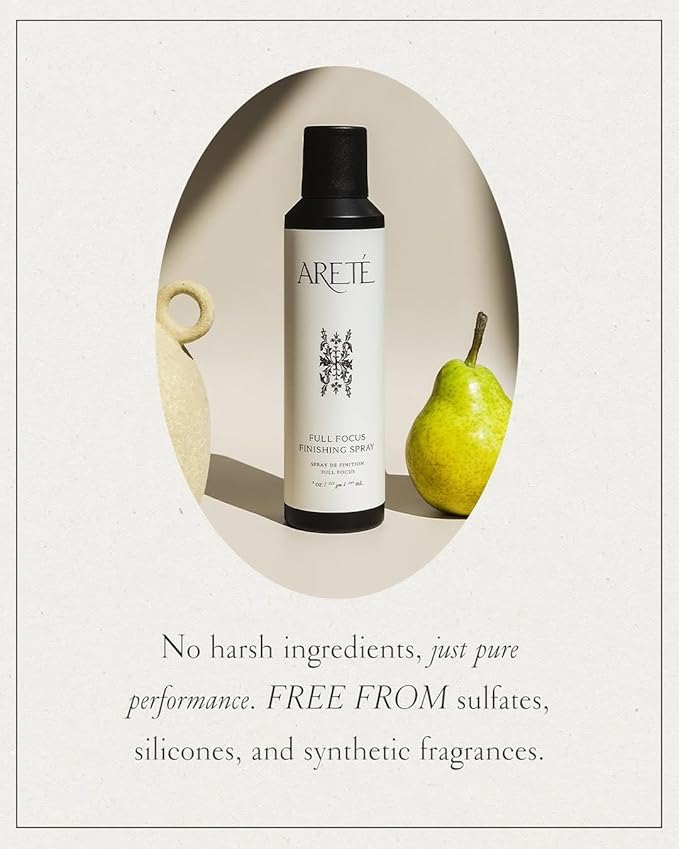 ARETÉ Full Focus Finishing Hair Spray, Strong, Buildable Hold, Shiny Finish, Anti Frizz Hairspray for Women Fine Hair with Edelweiss, Wild Carrot, Star Anise, Peruvian Ginseng, Made in USA, 8oz
