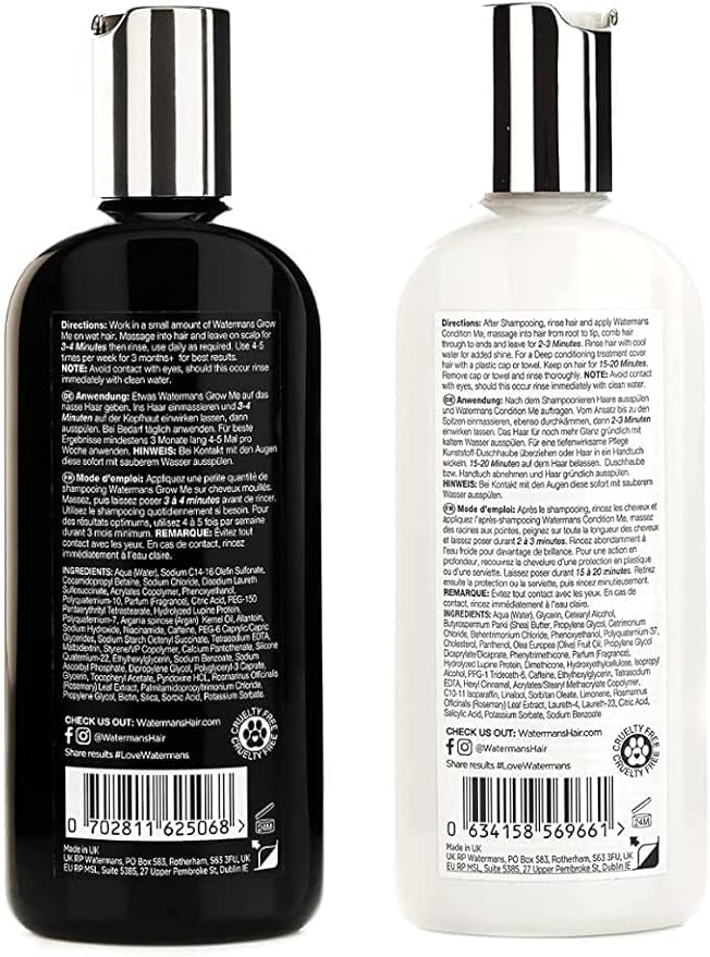 Hair Growth Shampoo & Conditioner by Watermans UK Biotin, Argan Oil, Allantoin, Rosemary, Niacinamide, Lupin. Male & Female Hair Loss Products