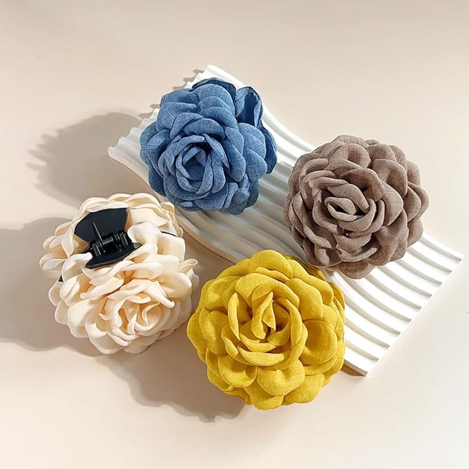4pcs Handmade Fabric Rose Flower Hair Claw Clip for Women Girls, 3.94" Large Boho Hawaiian Floral Hairpins Barrettes for Thick Thin Hair Styling Accessories (Yellow Brown)