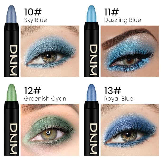 evpct 4Pcs Cream Blue Eyeshadow Stick Pencil Set for Eyes Waterproof Sky Blue Dazzling Blue Greenish Cyan Royal Blue Shimmer Metallic Holographic Eyeshadow Crayon Stick Bulk