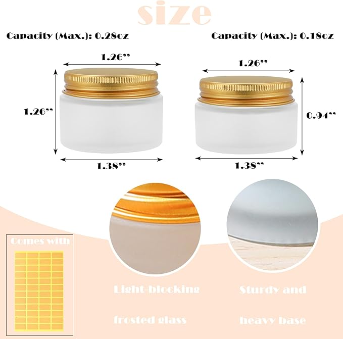 24 pack 10ml Frosted Glass Jars with Gold Lids Small Empty Travel Lotion Containers with Inner Liner Airtight Cosmetic Holder with Labels for Lip Balm Creams Body Butter