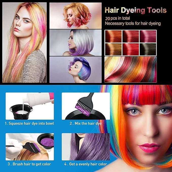 20 Pcs Hair Dye Brush and Bowl Set, Hair Dye Coloring Kit, Hair Coloring Bleaching, Hair Dye Tools for DIY Salon. Hair Tinting Bowl/Dye Brush/Ear Cover/Gloves/Tint Comb