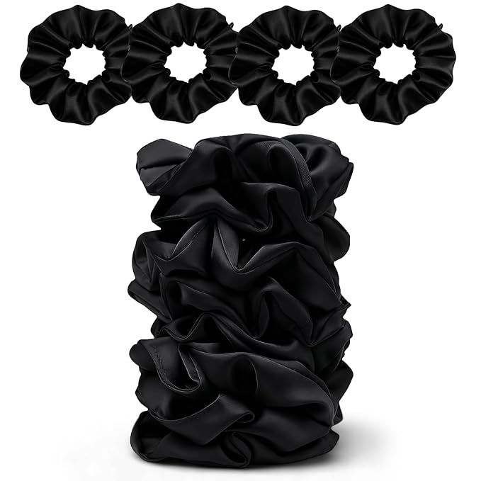 Satin Scrunchies for Women – 8PCS Black Silk Hair Ties – No Crease, Frizz-Free, Gentle Elastic Hair Bands for Thick & Thin Hair, Soft & Stylish Hair Accessories Gifts