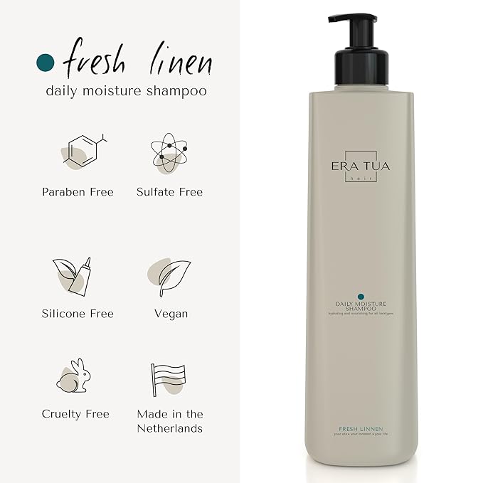 Fresh Linen Daily Moisture Shampoo| Dutch Made & Formulated Moisture Repairing Shampoo for Dry and Damaged Hair | Scent of Bergamot, Jasmine & Rose |750 ml