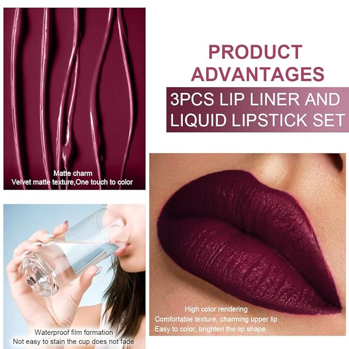 3Pcs 2 in 1 Dark Deep Red Purple Plum Black Cherry Lip Liner and Liquid Lipstick Stain Makeup Set for women, Long Lasting Smudge Proof Lip Tint Matte Finish Lip Gloss for All-Day Color Hold , Set11