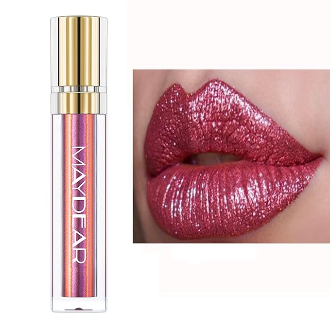 Maydear Chameleon Lipstick, High Pigmented Pink Metallic Shine Lip Gloss, Full-Coverage Multichrome Long Lasting Rainbow Lip Makeup, Golden Fuchsia (06)