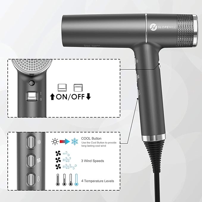 slopehill Hair Dryer with Unique Brushless Motor | Intelligent Fault Diagnosis | Innovative Microfilter | Oxy Active Technology | Led Display (Grey)