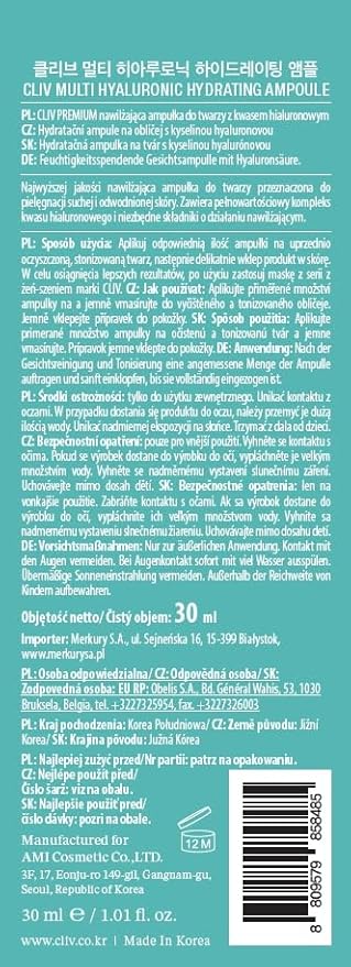 CLIV Multi Hyaluronic Hydrating Ampoule | 85% Hyaluronic Acid, 8-Layer Hydration, Ceramides & Panthenol for Deep Moisture Care | Korean Skincare Nourishing Serum | 1.01 Fl Oz (Pack of 1)